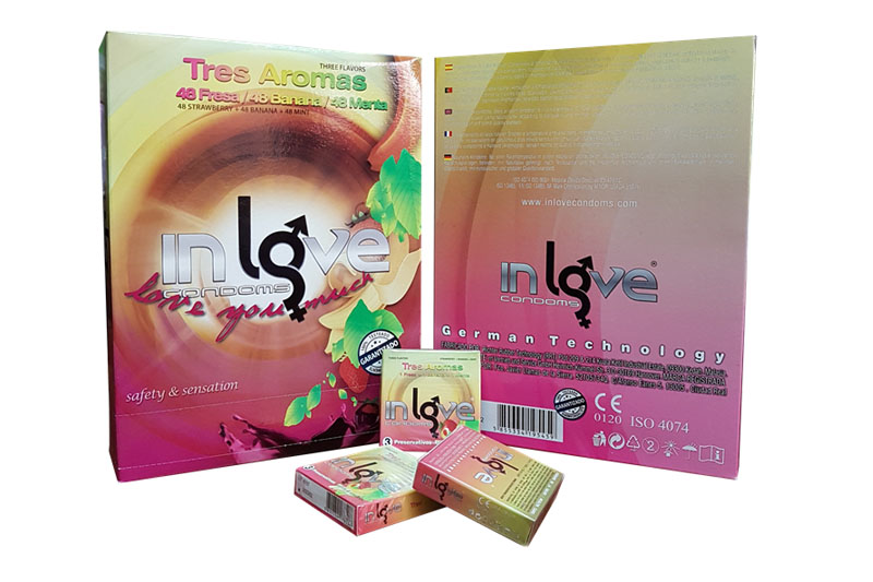 10 GRUESAS EXPENDEDORAS DE PRESERVATIVOS IN LOVE 3 AROMAS (FBM), 144X48X3